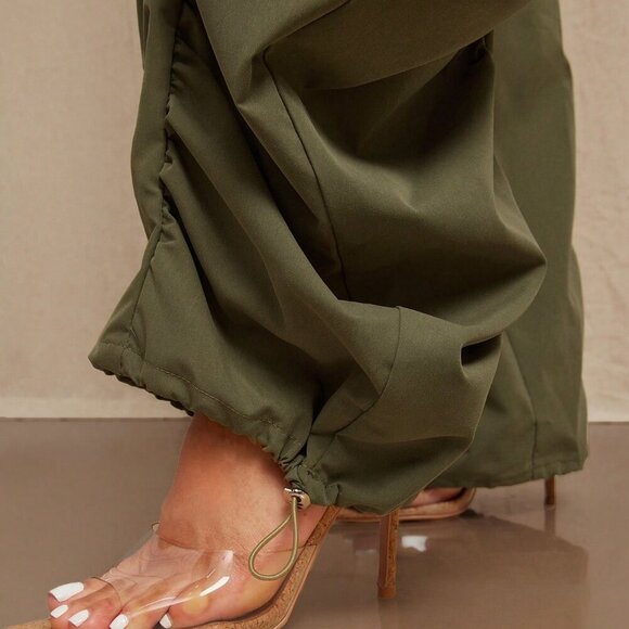 Green Casual Women's Ruched Wide Leg Drawstring Waist contemporary Pants - Picture 5 of 5